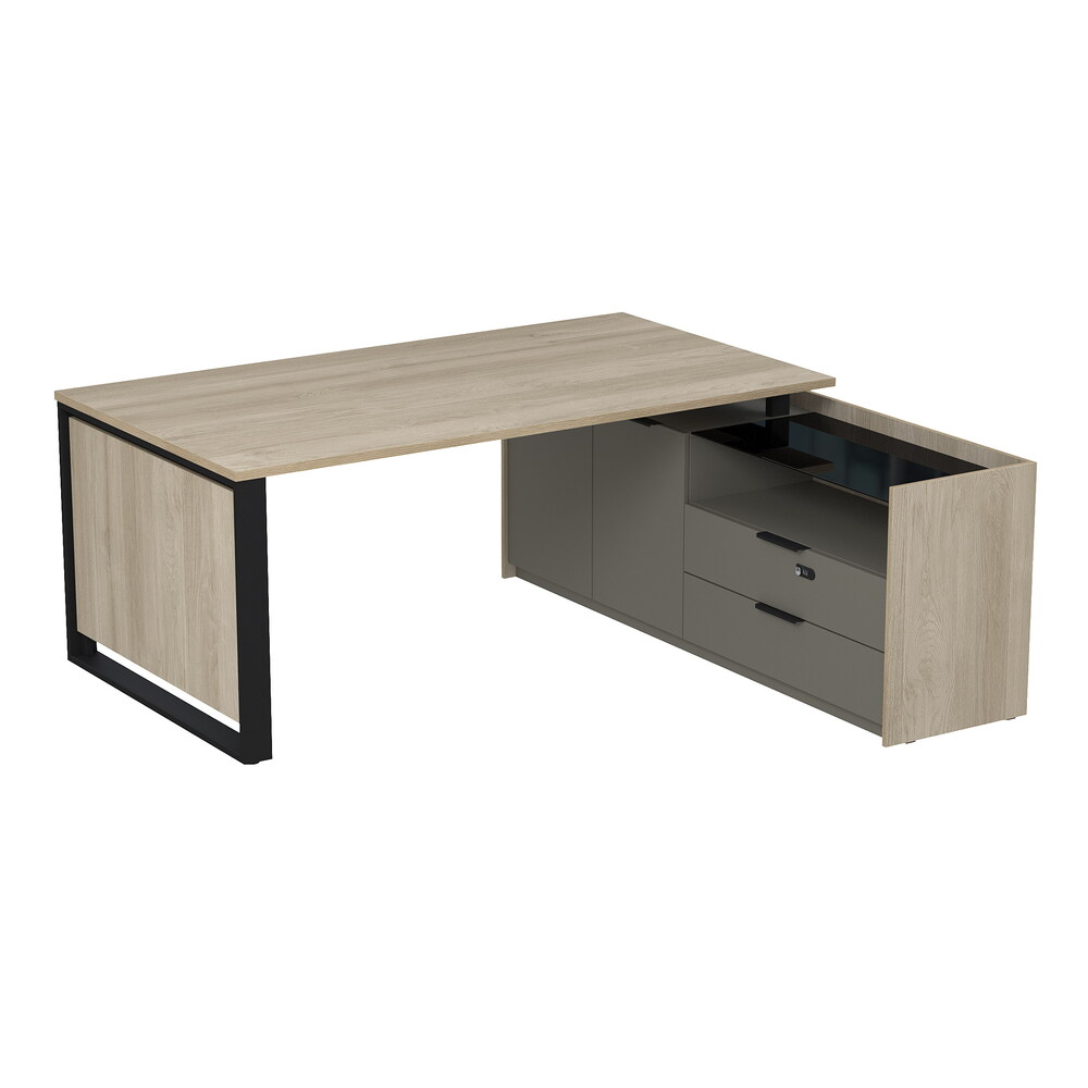 Стол рабочий на опорной двусоставной тумбе, с ящиками, с код замком