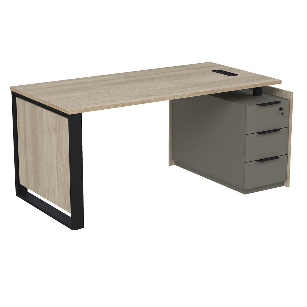 Стол рабочий с люч, на опорной угловой тумбе, с ящиками (метабокс), с замком