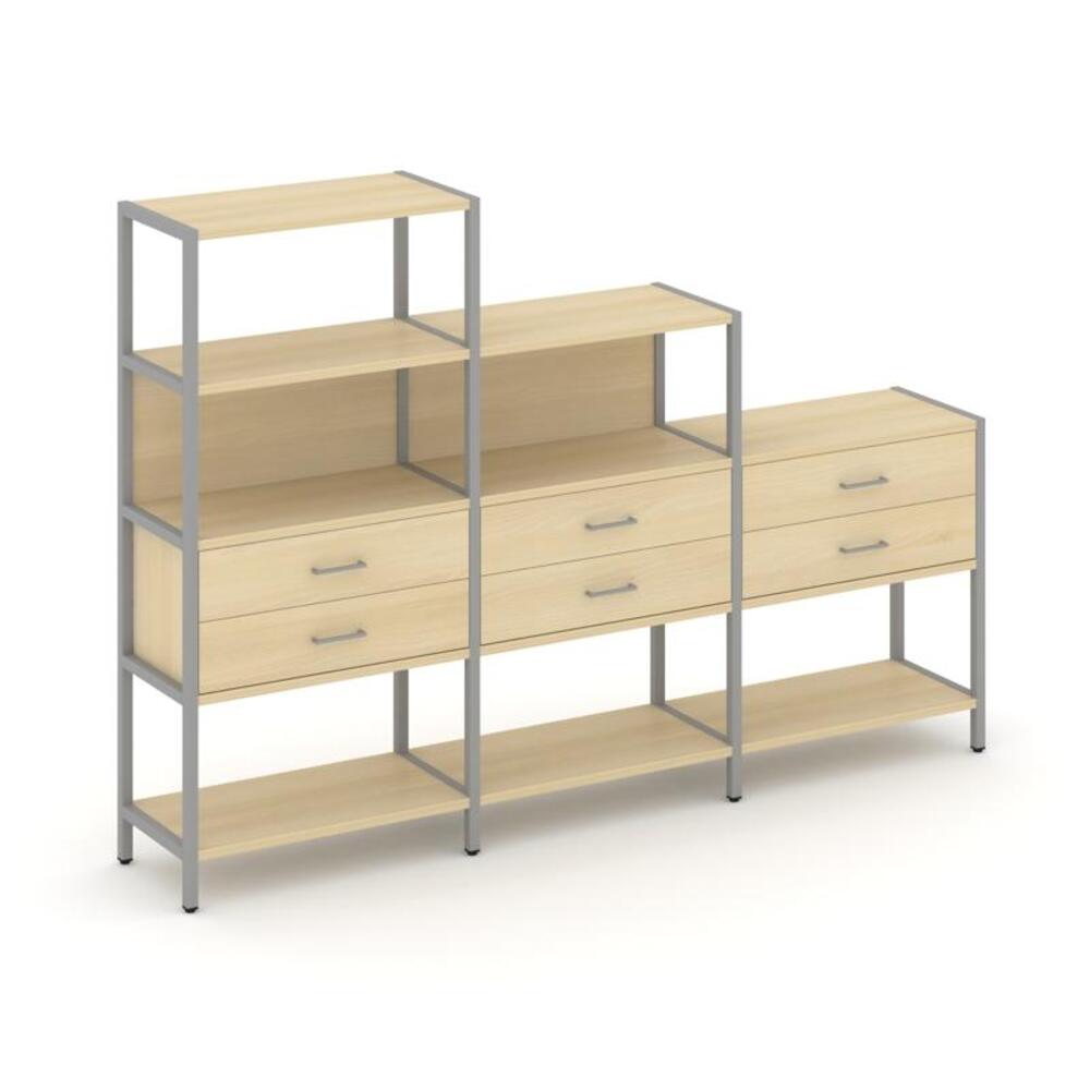 Трехсекционный стеллаж четырех/трех/двухярусный с ящиками