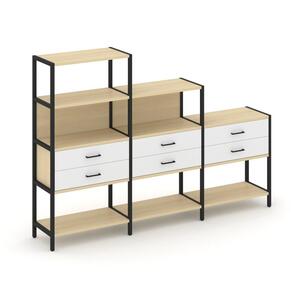 Трехсекционный стеллаж четырех/трех/двухярусный с ящиками