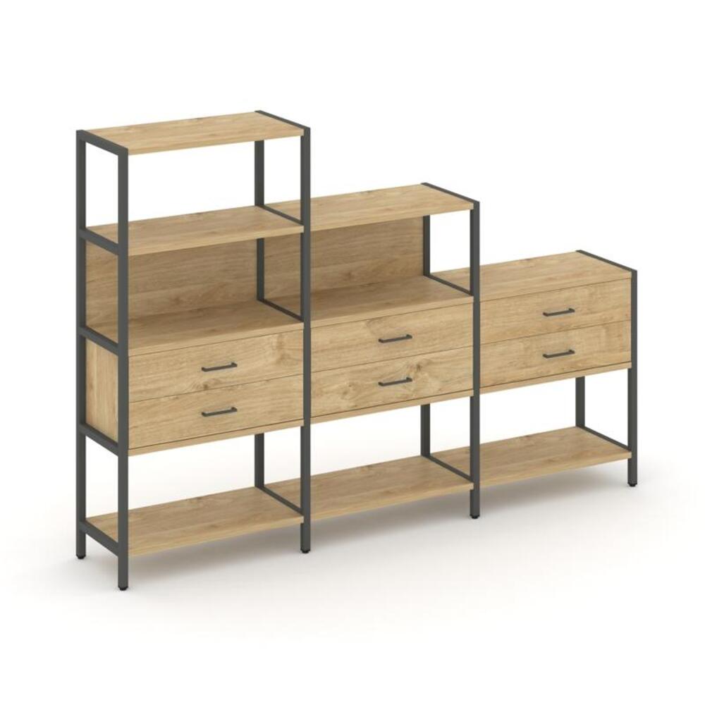 Трехсекционный стеллаж четырех/трех/двухярусный с ящиками