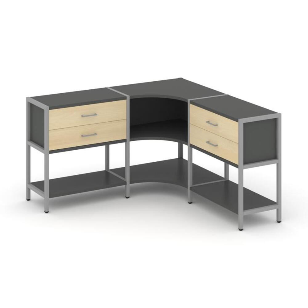 Трехсекционный угловой стеллаж двухярусный с ящиками