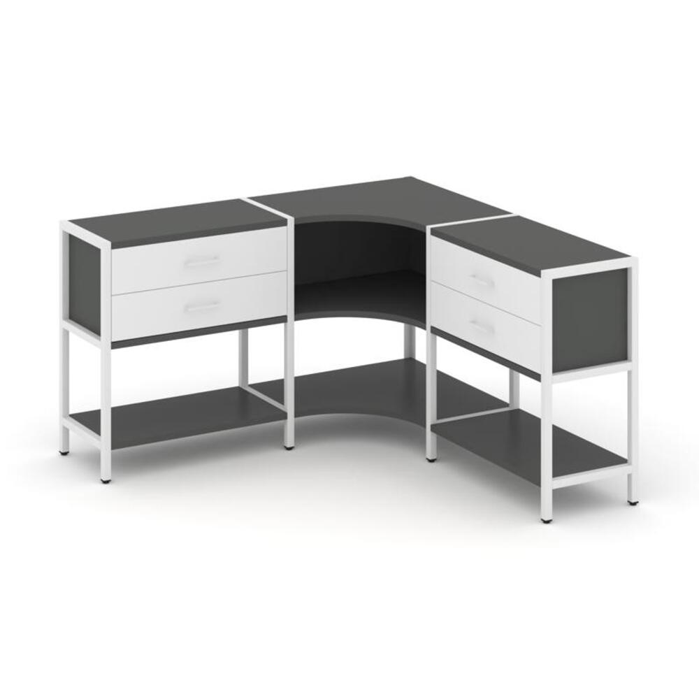 Трехсекционный угловой стеллаж двухярусный с ящиками