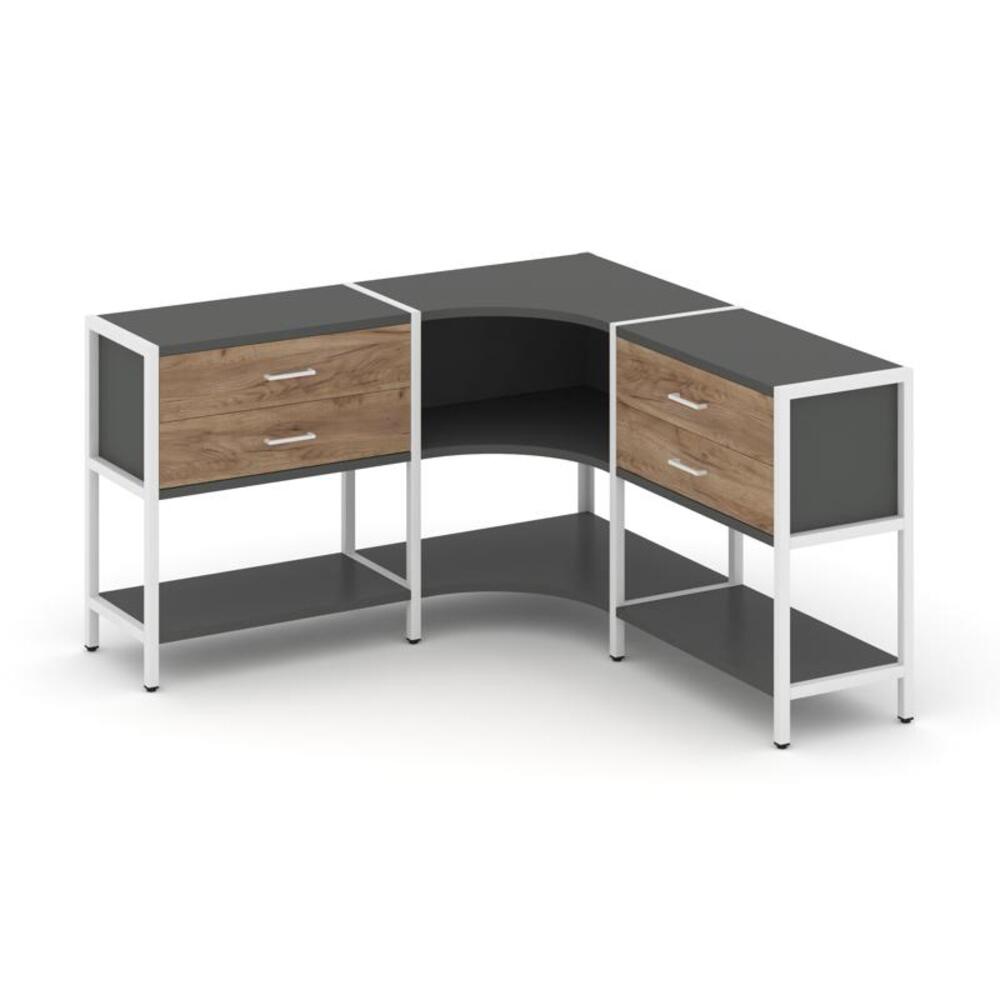 Трехсекционный угловой стеллаж двухярусный с ящиками