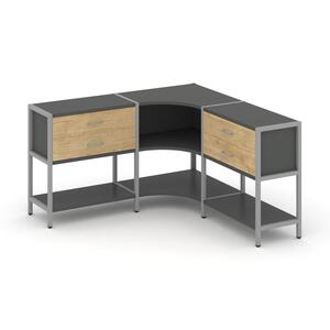 Трехсекционный угловой стеллаж двухярусный с ящиками