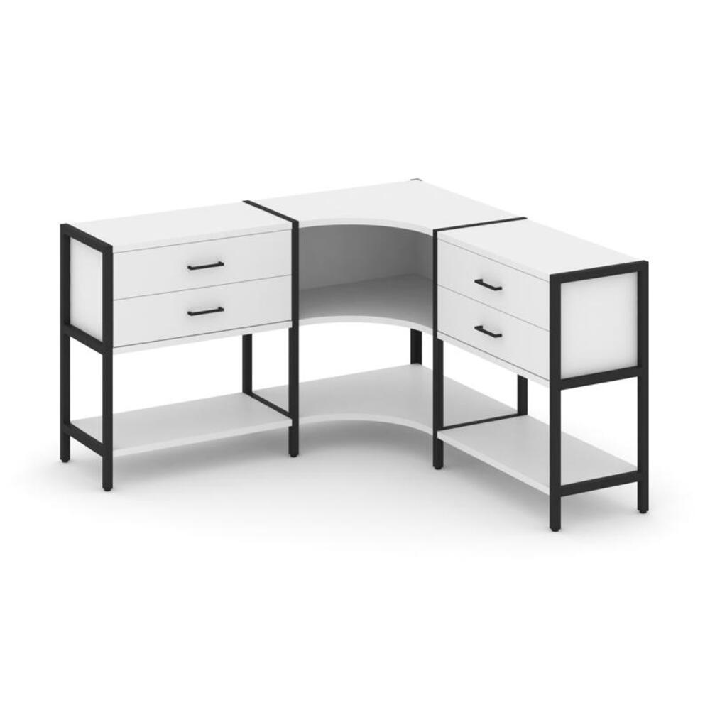 Трехсекционный угловой стеллаж двухярусный с ящиками