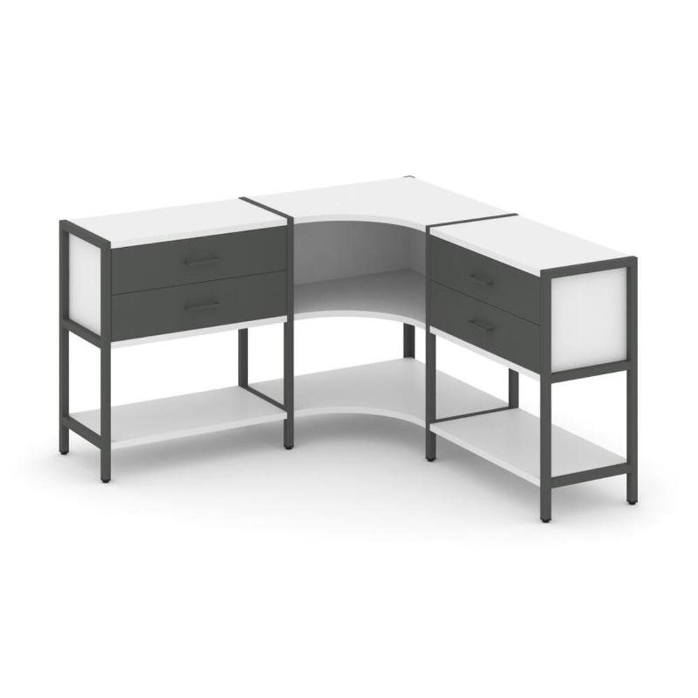 Трехсекционный угловой стеллаж двухярусный с ящиками