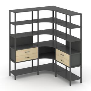 Трехсекционный угловой стеллаж пятиярусный с ящиками