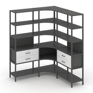 Трехсекционный угловой стеллаж пятиярусный с ящиками