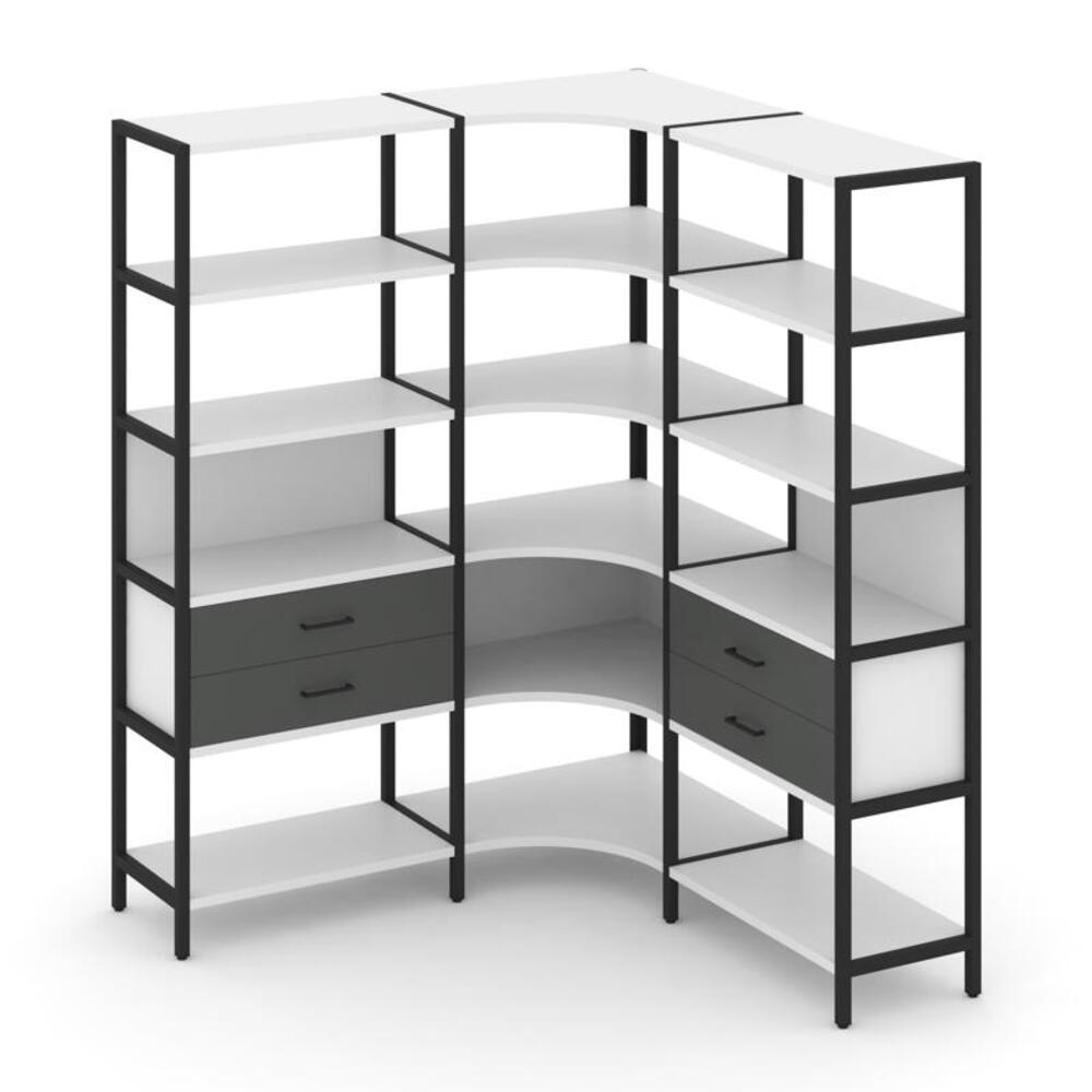 Трехсекционный угловой стеллаж пятиярусный с ящиками