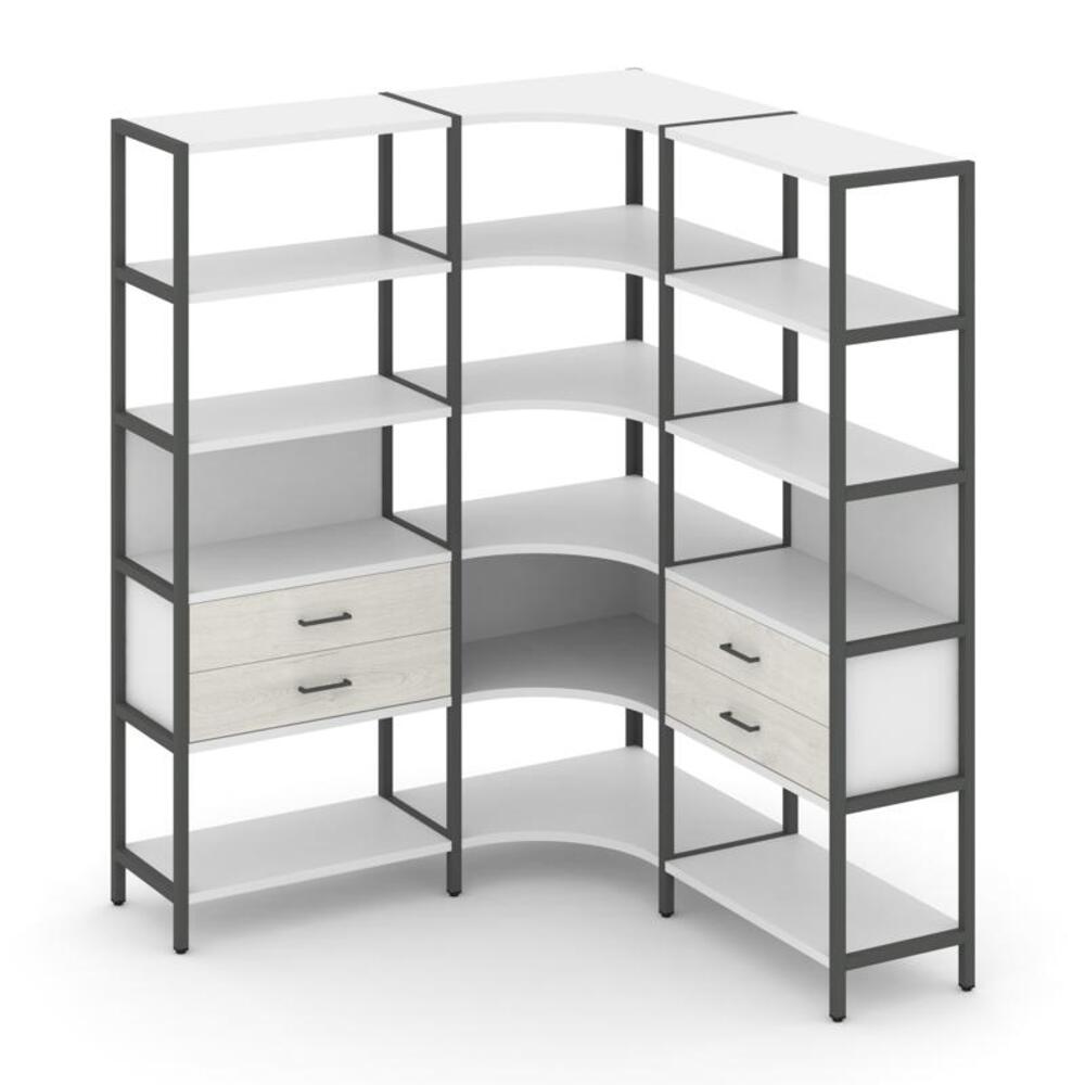 Трехсекционный угловой стеллаж пятиярусный с ящиками
