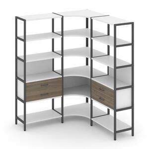 Трехсекционный угловой стеллаж пятиярусный с ящиками