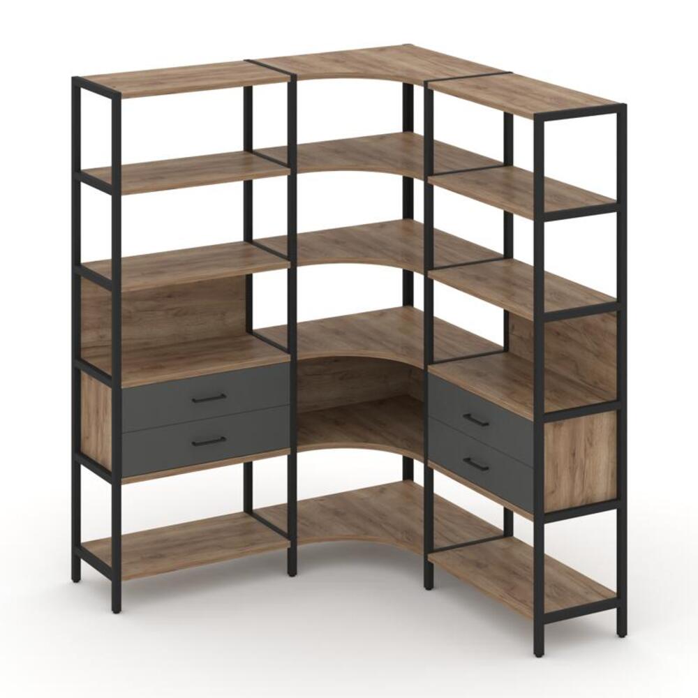 Трехсекционный угловой стеллаж пятиярусный с ящиками
