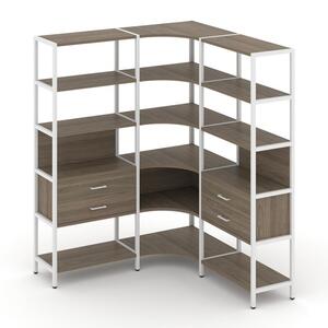 Трехсекционный угловой стеллаж пятиярусный с ящиками