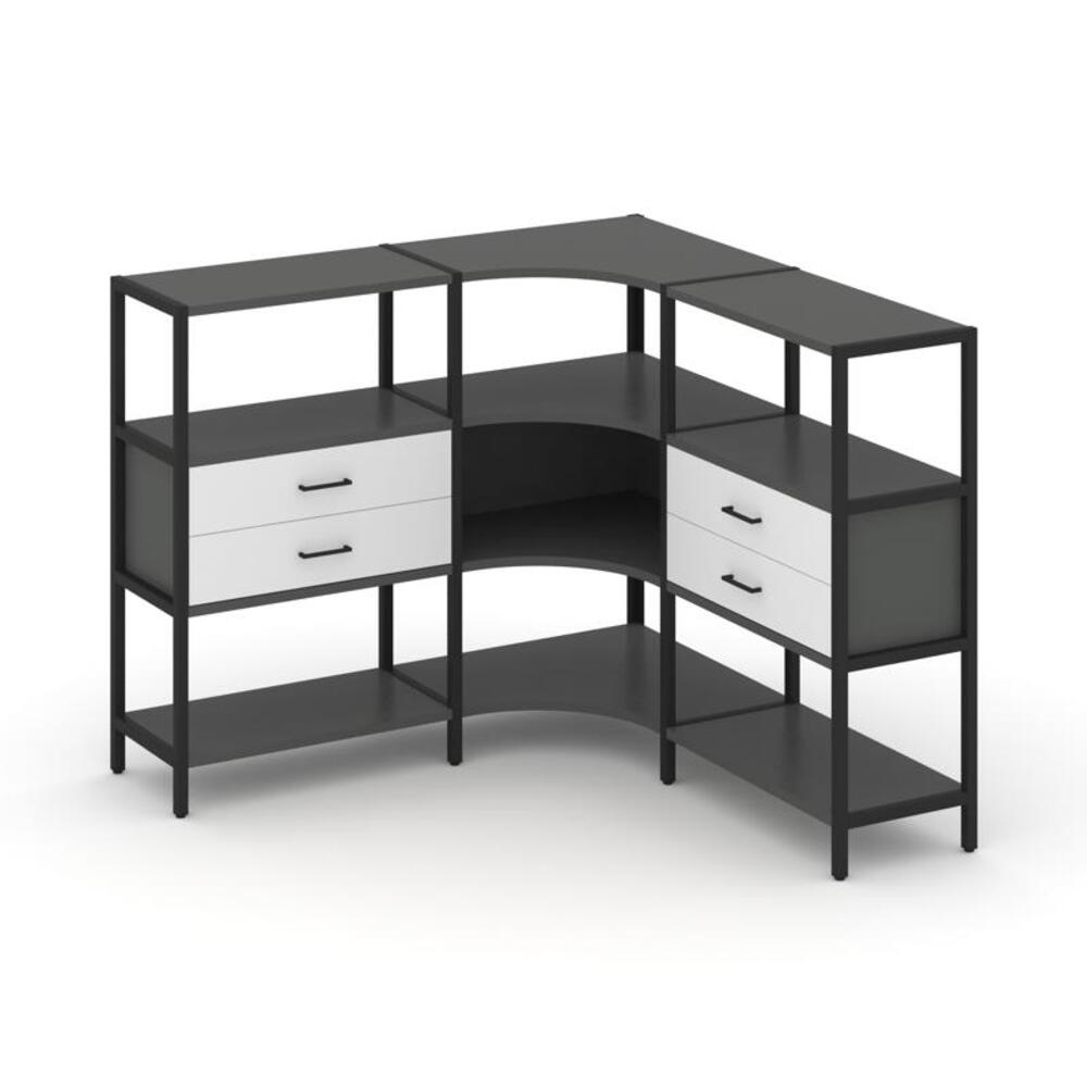 Трехсекционный угловой стеллаж трехярусный с ящиками