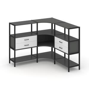 Трехсекционный угловой стеллаж трехярусный с ящиками