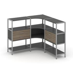 Трехсекционный угловой стеллаж трехярусный с ящиками