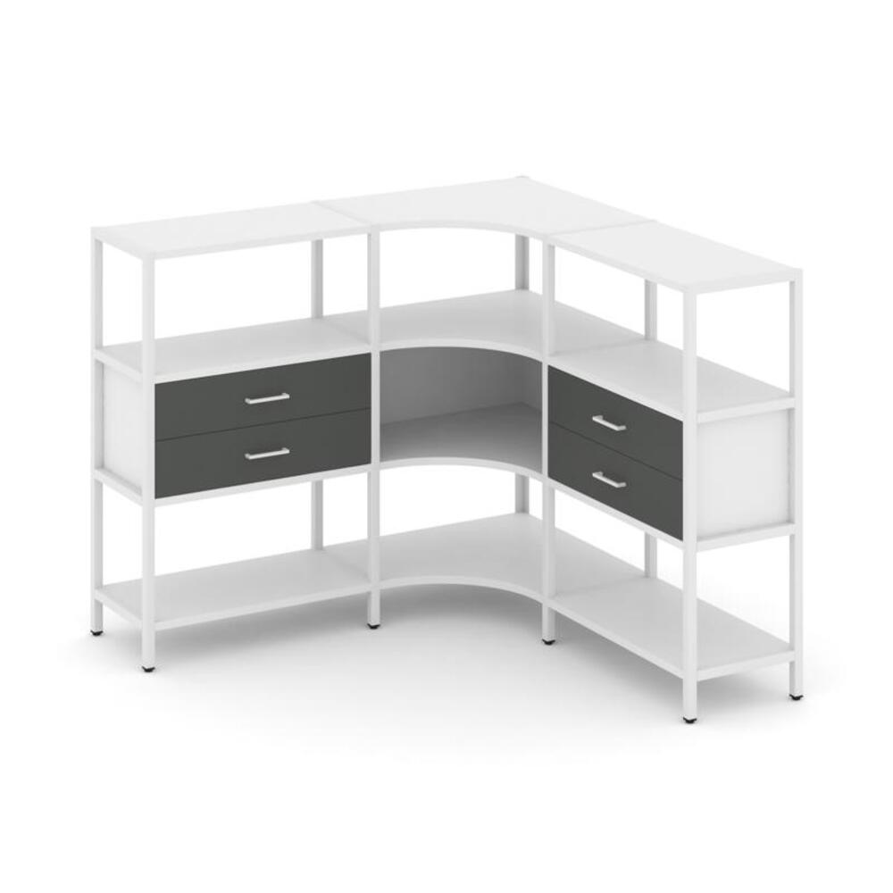 Трехсекционный угловой стеллаж трехярусный с ящиками