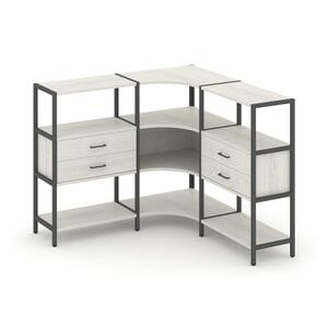 Трехсекционный угловой стеллаж трехярусный с ящиками