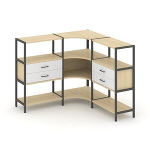 Трехсекционный угловой стеллаж трехярусный с ящиками